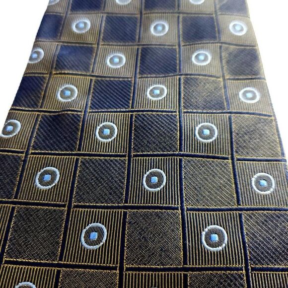 Bergamo New York Woven Brown Blue Geometric Wide Silk Tie - Picture 2 of 6
